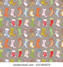 Seamless background with christmas gift socks on neutral brown background. 