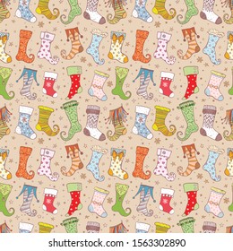 Seamless background with christmas gift socks on warm beige background. Can be used for wallpaper, pattern fills, textile, web page background, surface textures