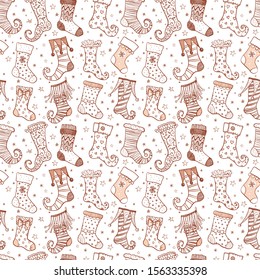 Seamless background with christmas gift socks in vintage style. Can be used for wallpaper, pattern fills, textile, web page background, surface textures
