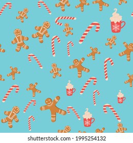 Seamless background for Christmas with gingerbread man, cane lollipop, cup of cocoa. Winter holiday, cooking, new year's eve.