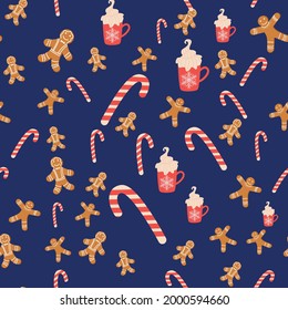 Seamless background for Christmas with gingerbread man, cane lollipop, cup of cocoa. Winter holiday, cooking, new year's eve.