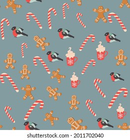 Seamless background for Christmas with gingerbread man, lollipop, bullfinch, cup of cocoa. Winter holiday, cooking, new year eve