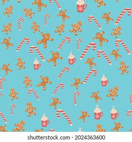 Seamless background for Christmas with gingerbread man, cane lollipop, cup of cocoa. Winter holiday, cooking, new year's eve.