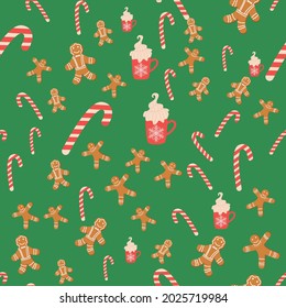 Seamless background for Christmas with gingerbread man, cane lollipop, cup of cocoa. Winter holiday, cooking, new year's eve.