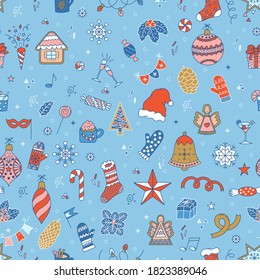 Seamless background of Christmas hats and mittens. Decorated with Christmas toys and snowflakes.