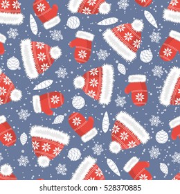 Seamless background of Christmas hats and mittens. Decorated with Christmas toys and snowflakes.