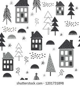 Seamless background Christmas house design with white and black color,tree and decorative element. vector illustration