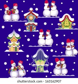 Seamless background, Christmas and New Year's decorative elements: snowmans, houses and snow.