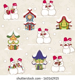 Seamless background, Christmas and New Year's decorative elements: snowmans, houses and snow.