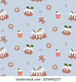 Seamless background with Christmas pastry - pudding, cake, cookies, cupcake, gingerbread. Vector flat hand drawn pattern on light blue background