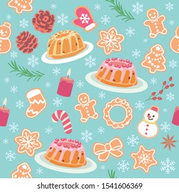 Seamless background with Christmas pastry. Vector pattern.