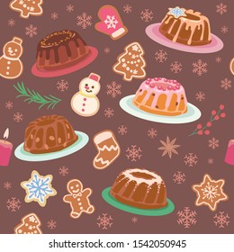 Seamless background with Christmas pastry. Vector pattern.