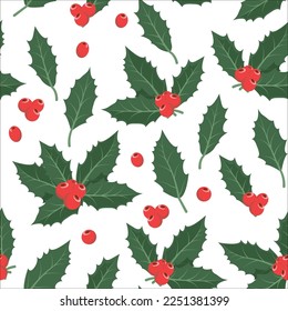 Seamless background. Christmas pattern. Leaves and berries of holly. Christmas decorations isolated on white.