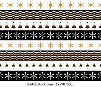seamless background of christmas patterns in gold, black and white