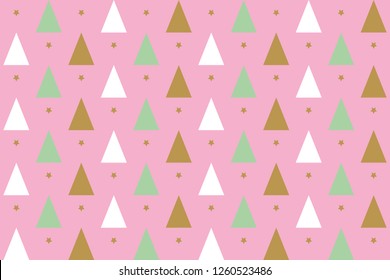 seamless background of christmas patterns in gold, green and white on pink