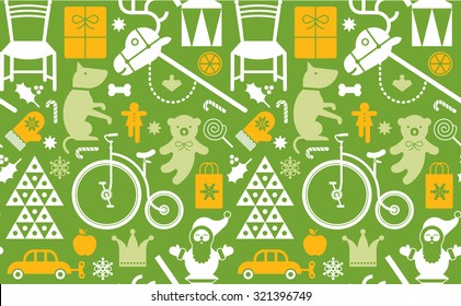 Seamless Background with Christmas silhouettes and seasonal gift ideas.
