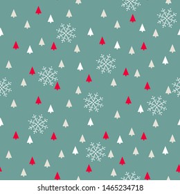 Seamless background with Christmas snowflakes and silhouettes of small stylized Christmas trees . Vector illustration