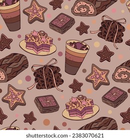 Seamless background with Christmas sweets. Hand drawn vector illustration. Christmas decorations. Holiday decor.