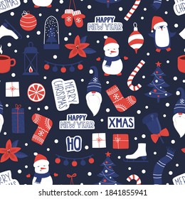 Fondo sin inconvenientes con la ilustración del tema de Navidad. elementos de Navidad y sobre un fondo azul. 
