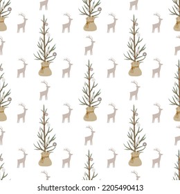 El fondo es impecable con el árbol de Navidad y el ciervo. Patrón al estilo boho. Estilo escandinavo. Patrón de Navidad. Patrón vectorial.