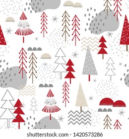 Seamless background with Christmas tree design pattern with red and silver color design