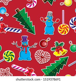 Seamless background Christmas tree garland candy bell star glass round toy snowman on red background. Vector image eps 10