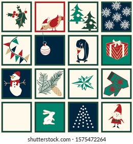seamless background with christmas tree, snowflake, bird, branch and gift.