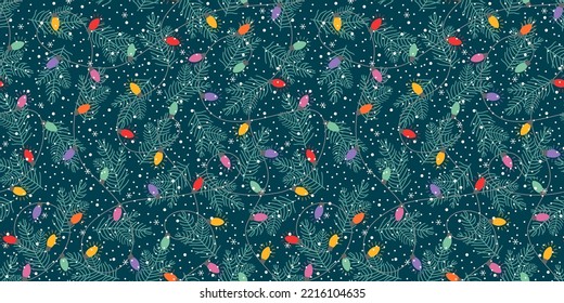 Seamless background Christmas tree and snowflakes, colored Christmas garlands design for gift wrapping paper.