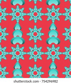 Seamless background of Christmas tree and snowflakes. Vector drawing in bright colors for design of packaging, postcard, textile, poster.