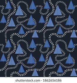 Seamless background with Christmas trees and animal footprints footpaths. Design for postcards, prints, covers.