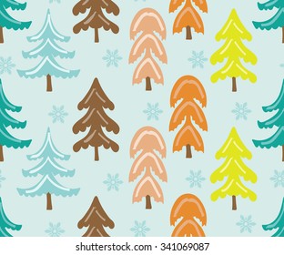 Seamless background with Christmas trees, Christmas cards and textiles.