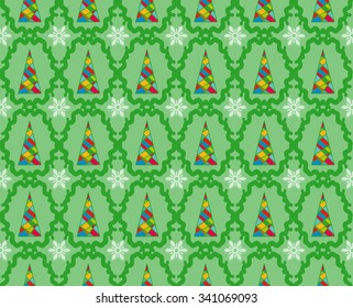 Seamless background with Christmas trees, Christmas cards and textiles.