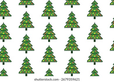 Seamless background with Christmas trees in pixel art style. Vector illustration.