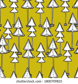 Seamless background with Christmas trees, print, Christmas trees with garland, lights, New Year forest. Festive mood, Christmas. For textiles, packaging. Isolated background, hand graphics.