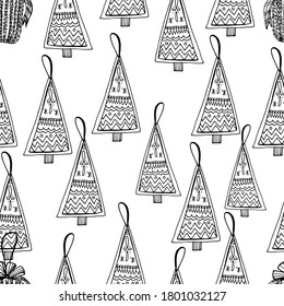 Seamless background with Christmas trees, print, Christmas trees with a garland, lights, Christmas forest. Festive mood, Christmas. For textiles, packaging, coloring for children and adults.