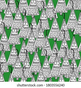 Seamless background with Christmas trees, print, Christmas trees with garland, lights, New Year forest. Festive mood, Christmas. For textiles, packaging. Isolated background, hand graphics.
