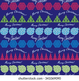 Seamless background with Christmas trees, snowflakes and Christmas toys, Christmas cards and textiles.