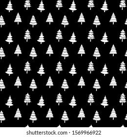Seamless background of Christmas trees. White Christmas trees on a black background. Christmas pattern. Winter pattern.For design and decoration of fabric, paper, Wallpaper and packaging.