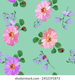 Seamless background with chrysanthemum, campanula and ladybug on turquoise background. For decoration textile, packaging, wallpaper. Vector illustration.