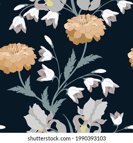 Seamless background with chrysanthemums, iris and campanula on a black background. For decoration textile, packaging, wallpaper. Vector illustration.