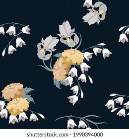 Seamless background with chrysanthemums, iris and campanula on a black background. For decoration textile, packaging, wallpaper. Vector illustration.
