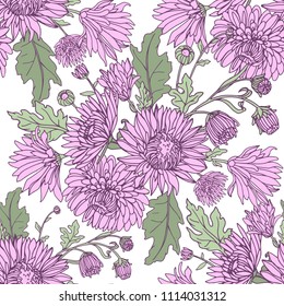 Seamless background with chrysanthemums in sketch style. Beautiful flowers pattern.