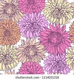 Seamless background with chrysanthemums in sketch style. Beautiful flowers pattern.