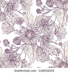 Seamless background with chrysanthemums in sketch style. Beautiful flowers pattern.