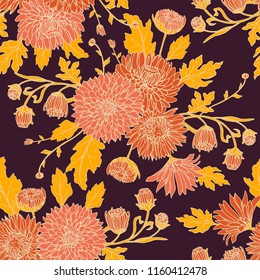Seamless background with chrysanthemums in sketch style. Beautiful flowers pattern.