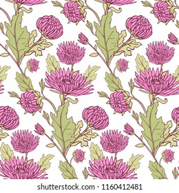 Seamless background with chrysanthemums in sketch style. Beautiful flowers pattern.