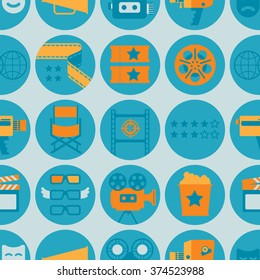 Seamless background with cinema decorative design elements. Cinema theatre illustration for web, flyers, print design.