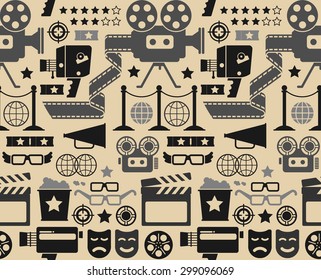 Seamless background with cinema symbols and silhouettes.