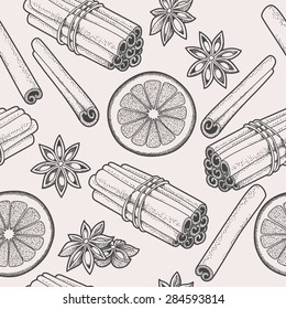 Seamless background with cinnamon and star anise
