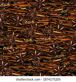 Seamless background of cinnamon, sticks, brown, branch, aroma, flavour, cartoon style, kitchen, plant, aroma, spice, foliage, wallpaper, gift paper, print, fabric, for clothes, greeting, canella, star